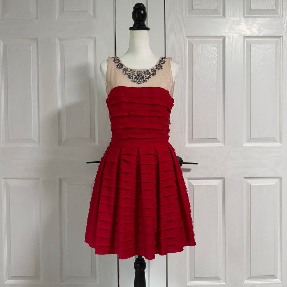 BCBGMAXAZRIA Marina Women's Rio Red Tiered Embellished Dress Size Medium